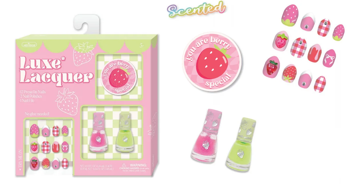 055SB_3.webp Hot Focus Luxe Lacquer Strawberry Scented Nail Set – 12 Press-On Nails, 2 Peel-Off Nail Polishes and Nail File for Girls, Age