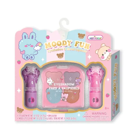 Hot Focus Moody Fun Kids Makeup Kit – 4-Colour Bear-Shaped Eyeshadow Palette and 2 Mood Lipsticks for Girls, Ages 8+