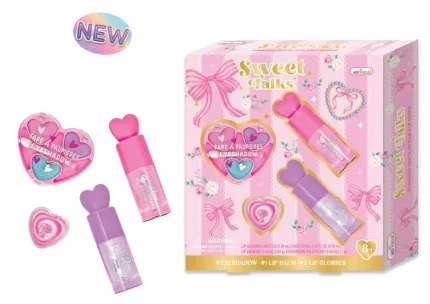Hot Focus Sweet Talks Heart-Themed Kids Makeup Kit – 3-Colour Eyeshadow Palette, Lip Balm and 2 Lip Glosses for Girls, Ages 8