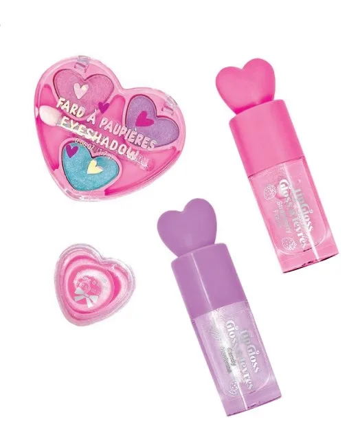 096BT_3.webp Hot Focus Sweet Talks Heart-Themed Kids Makeup Kit – 3-Colour Eyeshadow Palette, Lip Balm and 2 Lip Glosses for Girls, Ages 8