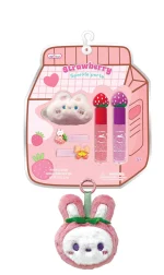Hot Focus Sparkle Party Strawberry Beauty Set – 2 Glitter Lip Glosses, Plush Bunny Lip Balm Case, Hair Clips and Keychain for