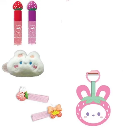 Hot Focus Sparkle Party Strawberry Beauty Set – 2 Glitter Lip Glosses, Plush Bunny Lip Balm Case, Hair Clips and Keychain for