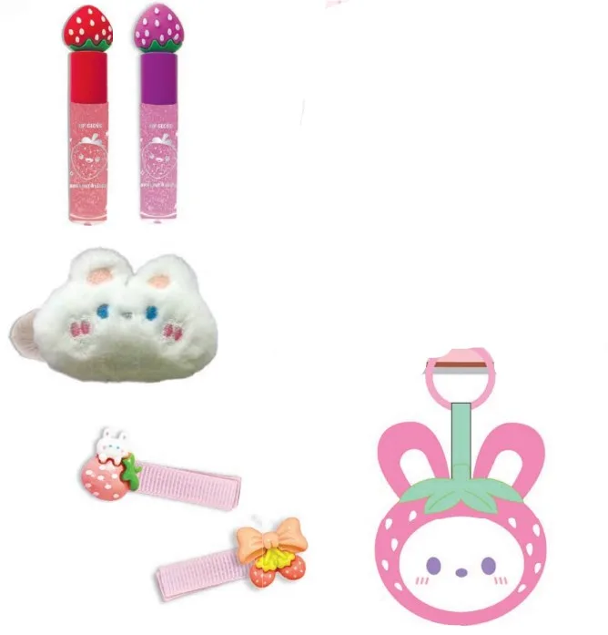 099SB_2.webp Hot Focus Sparkle Party Strawberry Beauty Set – 2 Glitter Lip Glosses, Plush Bunny Lip Balm Case, Hair Clips and Keychain for