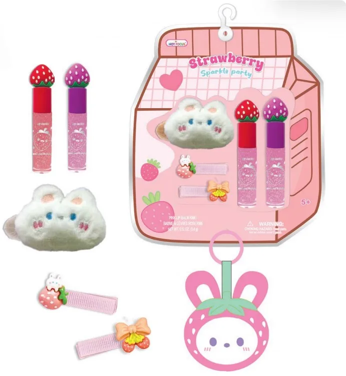 099SB_3.webp Hot Focus Sparkle Party Strawberry Beauty Set – 2 Glitter Lip Glosses, Plush Bunny Lip Balm Case, Hair Clips and Keychain for