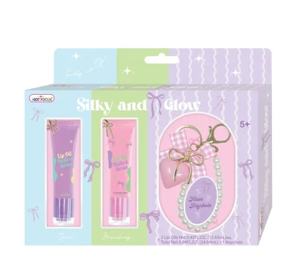 Hot Focus Silky & Glow Lip Oil Set – Grape and Strawberry Scented Lip Oils with Heart-Shaped Pearl Keychain for Kids, Ages 5+
