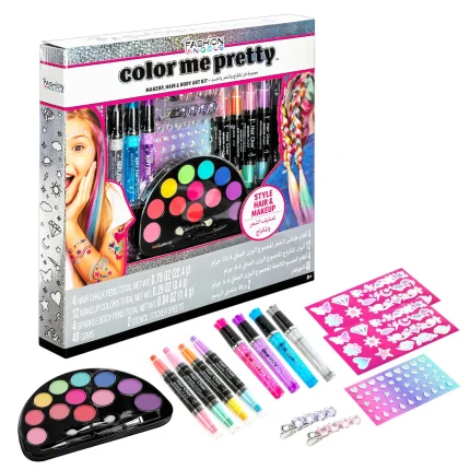 Fashion Angels Color Me Pretty Makeup, Hair and Body Art Kit – Hair Chalks, Sparkle Tattoo Ink Pens, Face Gems, Ages 8+