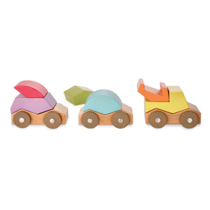 Babu Rollers – Modular Wooden Toy Car Set with 3 Bases and 6 Colourful Tops for Toddlers