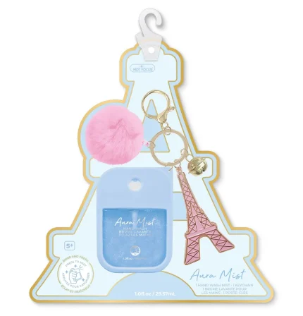 Hot Focus Aura Mist 2-in-1 Set – 29.57ml Hand Wash Mist and Pom-Pom Keychain with Pink Eiffel Tower Charm for Girls, Ages 5+