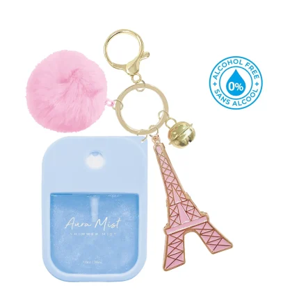 Hot Focus Aura Mist 2-in-1 Set – 29.57ml Hand Wash Mist and Pom-Pom Keychain with Pink Eiffel Tower Charm for Girls, Ages 5+ 