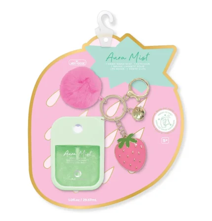 Hot Focus Aura Mist 2-in-1 Set – 29.57ml Hand Wash Mist and Pom-Pom Keychain with Strawberry Charm for Girls, Ages 5+