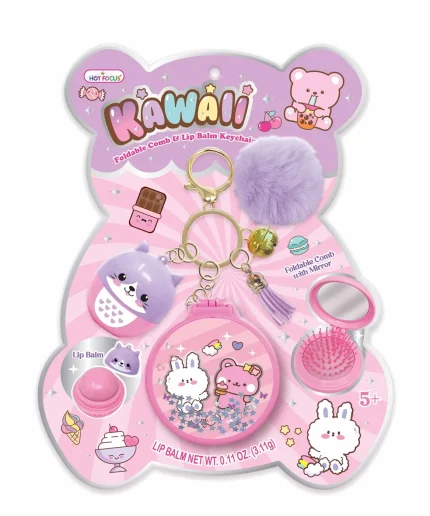 Hot Focus Enchanted Accessories 3-in-1 Kawaii Keychain Set – Cat Lip Balm, Foldable Hair Comb with Mirror for Girls, Ages 5+