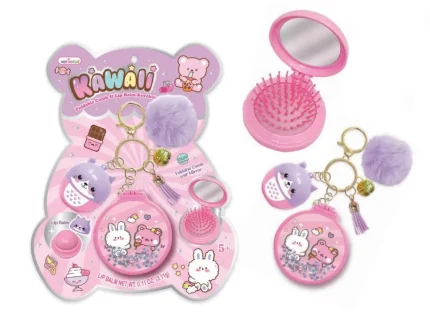 Hot Focus Enchanted Accessories 3-in-1 Kawaii Keychain Set – Cat Lip Balm, Foldable Hair Comb with Mirror for Girls, Ages 5+ 