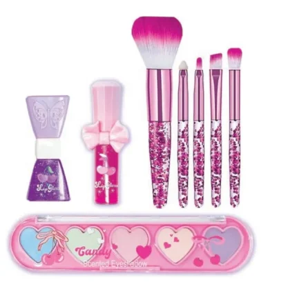 Hot Focus Beauty In Trendz Kids Makeup Kit – Scented Heart Eyeshadow Palette, Peel-Off Nail Polish, Lip Gloss and 5 Glitter B