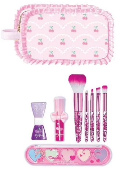 Hot Focus Beauty In Trendz Kids Makeup Kit – Scented Heart Eyeshadow Palette, Peel-Off Nail Polish, Lip Gloss and 5 Glitter B