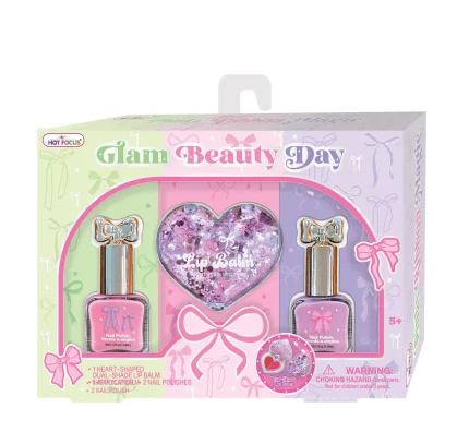 Hot Focus Glam Beauty Day Mini Beauty Set – Heart-Shaped Dual-Colour Glitter Lip Balm and 2 Peel-Off Nail Polishes for Girls,