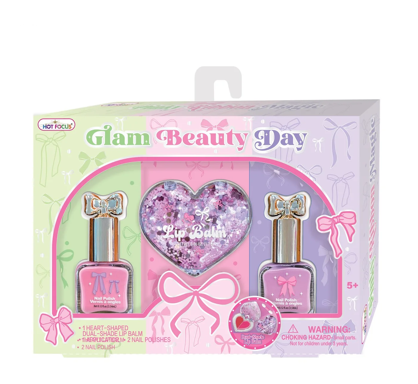 183BT_1.webp Hot Focus Glam Beauty Day Mini Beauty Set – Heart-Shaped Dual-Colour Glitter Lip Balm and 2 Peel-Off Nail Polishes for Girls,