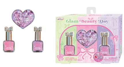 Hot Focus Glam Beauty Day Mini Beauty Set – Heart-Shaped Dual-Colour Glitter Lip Balm and 2 Peel-Off Nail Polishes for Girls,