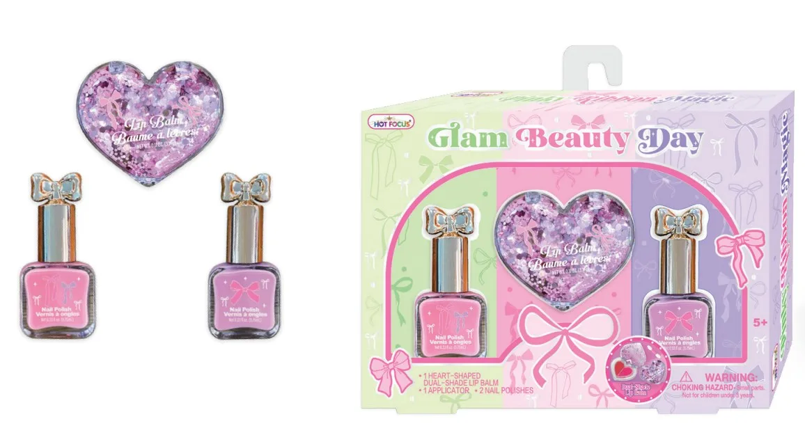 183BT_2.webp Hot Focus Glam Beauty Day Mini Beauty Set – Heart-Shaped Dual-Colour Glitter Lip Balm and 2 Peel-Off Nail Polishes for Girls,