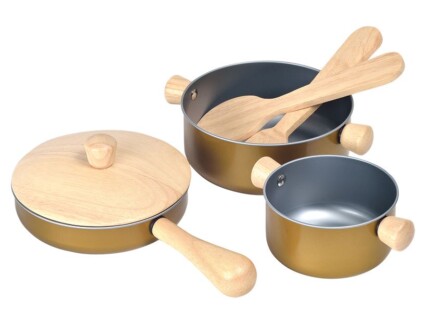 PlanToys Cooking Utensil Set – Wooden Kitchen Tools with Gold-Tinted Metal for Kids