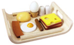 PlanToys Breakfast Menu – Wooden Pretend Play Breakfast Food Set with Tray for Kids