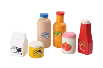 PlanToys Food & Beverage Set – 6 Piece Wooden Pretend Play Food, Beverage and Condiment Set for Kids