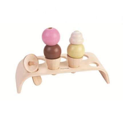 PlanToys Ice Cream Set – Wooden Pretend Play Ice Cream Shop with 3 Scoops for Kids Ages 3+