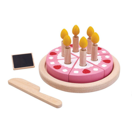 PlanToys Birthday Cake Set – Wooden Pretend Play Cake with 6 Slices and Candles, Pink and Brown, for Kids - view 2