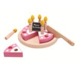 PlanToys Birthday Cake Set – Wooden Pretend Play Cake with 6 Slices and Candles, Pink and Brown, for Kids