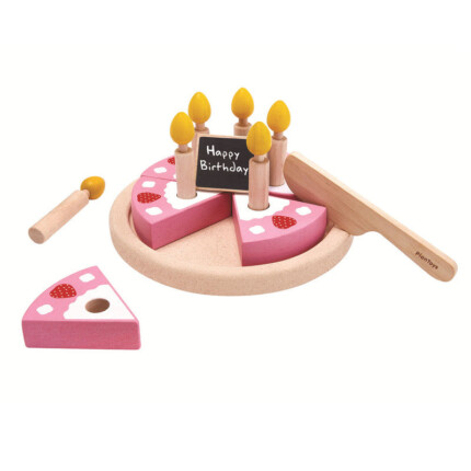 PlanToys Birthday Cake Set – Wooden Pretend Play Cake with 6 Slices and Candles, Pink and Brown, for Kids