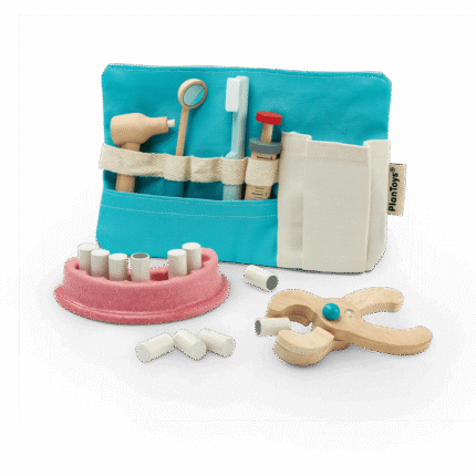 PlanToys Dentist Set – Wooden Pretend Play Dentist Set with 4 Dental Tools and Teeth for Kids