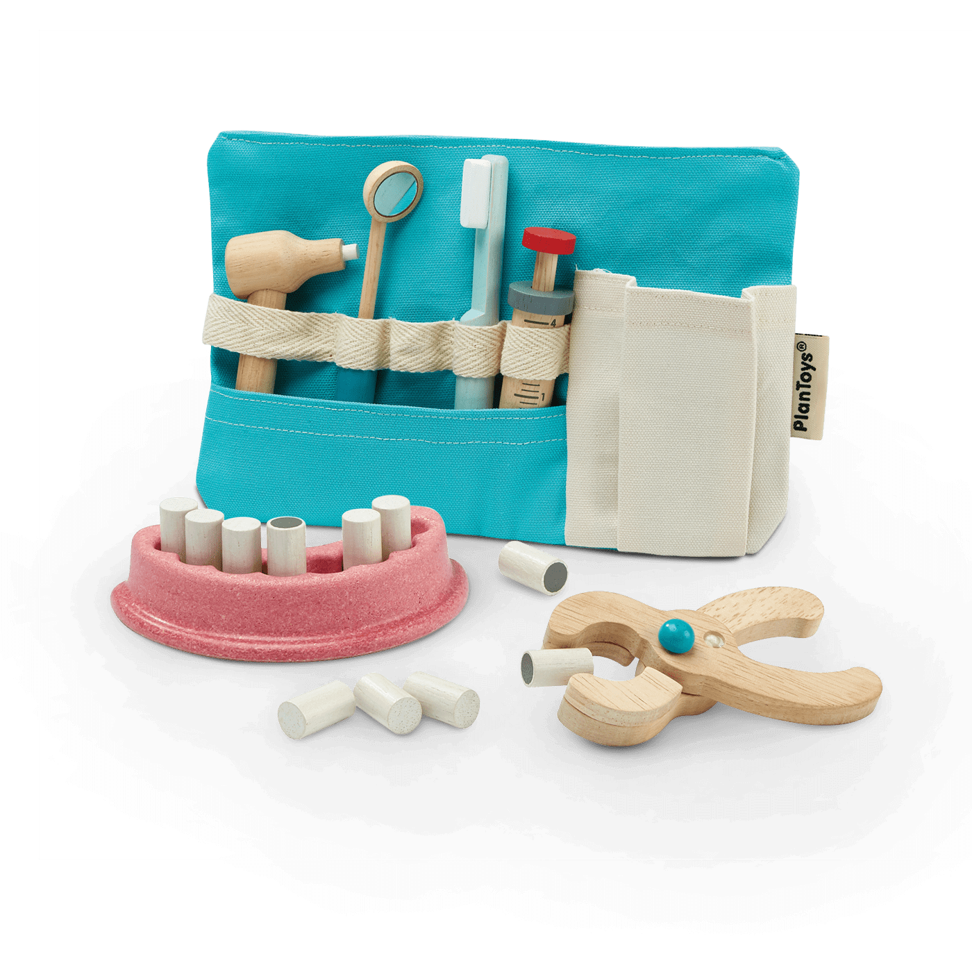 3493.png PlanToys Dentist Set – Wooden Pretend Play Dentist Set with 4 Dental Tools and Teeth for Kids