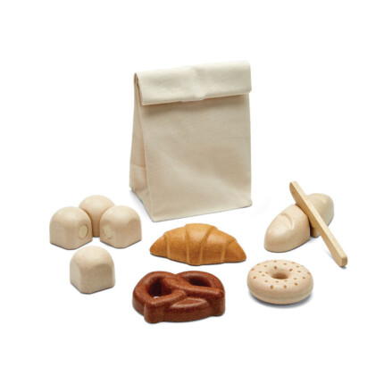 PlanToys Bread Set – Wooden Pretend Play Food Set with Bagel, Rolls, Pretzel and Croissant, Fabric Storage Bag, Ages 2+