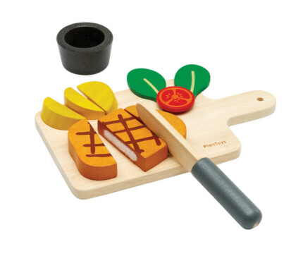 PlanToys Steak Set – Wooden Pretend Play Food Set, Western-Style Steak Dinner for Kids