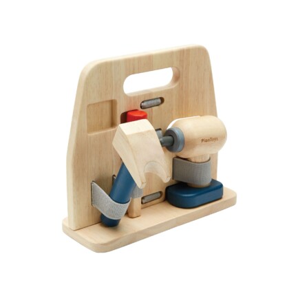 PlanToys Handy Carpenter Set – Wooden Pretend Play Tool Set with Hand Drill, Hand Saw, Claw Hammer, Chisel and Ruler for Kids