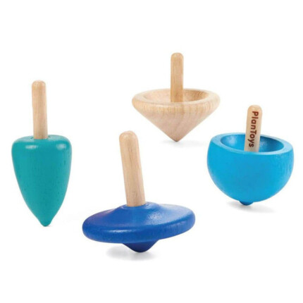 PlanToys Spinning Tops – Wooden Toy Set of 4 Tops in Different Colors for Kids