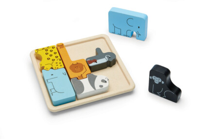 PlanToys Animal Puzzle Game – Wooden Puzzle Board with Elephant, Rhino, Penguin, Gorilla, Orangutan, Panda and Leopard