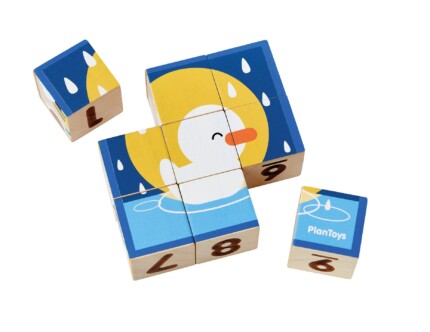 PlanToys Animal Puzzle Cubes – 9 Wooden Cubes with 6 Animal Picture Puzzles, Numbers and Counting Dots for Kids