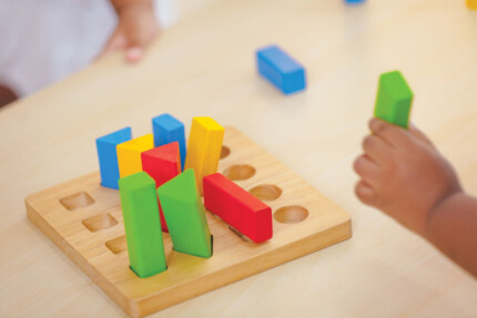 PlanToys Geometric Peg Board – Wooden Sorting and Stacking Toy with 16 Geometric Pegs for Toddlers