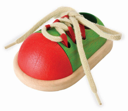 PlanToys Tie-Up Shoe – Wooden Shoe Tying Learning Toy with Real Laces for Preschoolers, Ages 3+