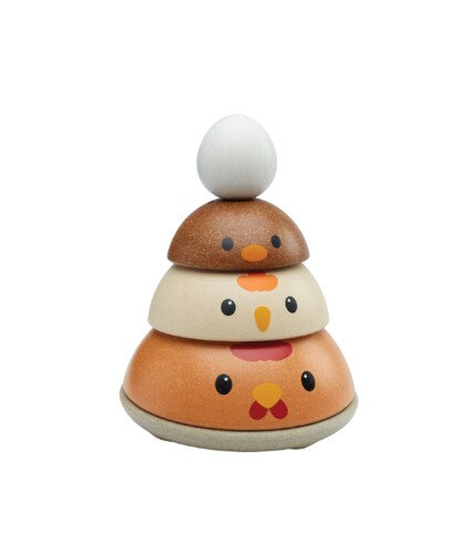 PlanToys Chicken Nesting – Modern Rustic Wooden Nesting and Stacking Toy, 4 Pieces and Base, Chicken Life Cycle Theme