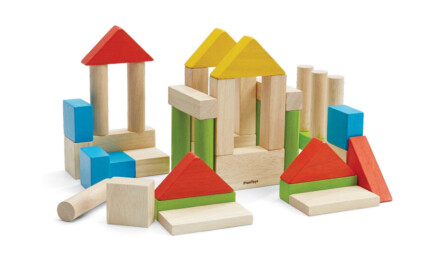 PlanToys Colorful 40 Unit Blocks – 40 Piece Wooden Block Set, 6 Shapes, Natural Rubberwood for Toddlers