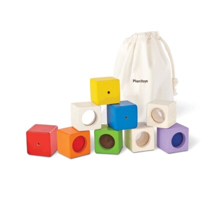 PlanToys Activity Blocks – 9 Wooden Sensory Blocks with Visual, Auditory and Texture Blocks for Toddlers, Ages 1+