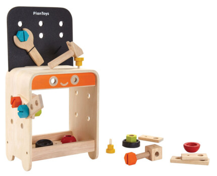 PlanToys Workbench – 22 Piece Wooden Tool Set with Hammer, Wrench and Screwdriver, Portable for Kids