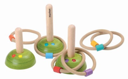 PlanToys Meadow Ring Toss – Wooden Game with 6 Rope Rings with Beads and 3 Posts for Kids