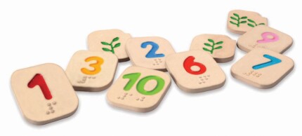 PlanToys Braille Numbers 1-10 – 10-Piece Wooden Braille Learning Tile Set with Leaf Counting Illustrations for Kids