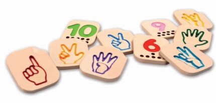 PlanToys Hand Sign Numbers 1 to 10 – 10 Piece Wooden ASL Number Set with Counting Dots for Kids