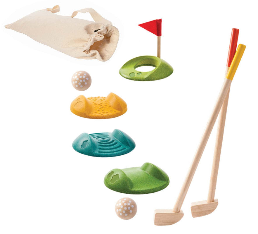 5683.jpg PlanToys Mini Golf – Full Set with 2 Wooden Golf Clubs, 2 Balls, 3 Tracks and 1 Hole for Kids