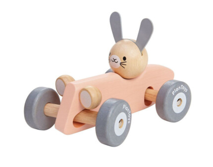 PlanToys Bunny Racing Car – Wooden Toy Vehicle, Vintage Race Car with Bunny Driver for Kids