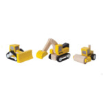 PlanToys Road Construction Set – 3 Wooden Construction Vehicles with Front End Loader, Roller and Excavator, Rubberwood - vie