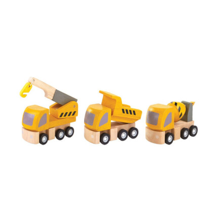 PlanToys Highway Maintenance – Wooden Vehicle Set with Cement Mixer, Mobile Crane and Dumper Truck for Kids - view 2